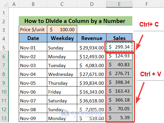 Divide a Column by Using Cell References