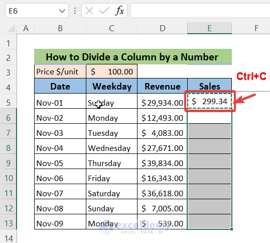 How to Divide a Column by a Number in Excel