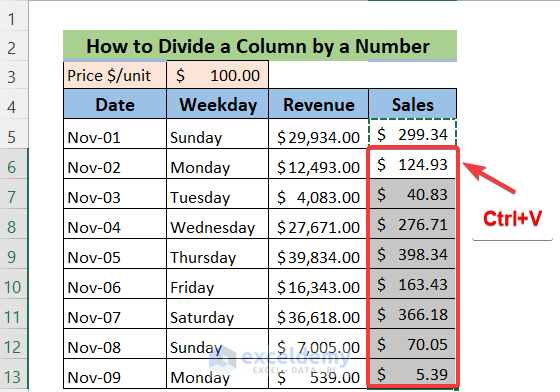Divide a Column by a Number Using a Formula