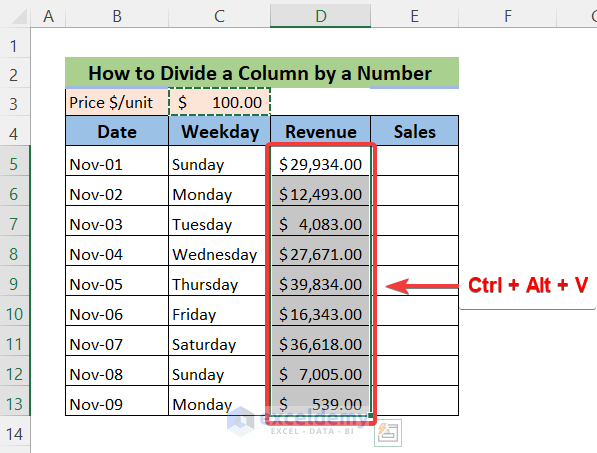 Divide a Column by a Number with Paste Special Method