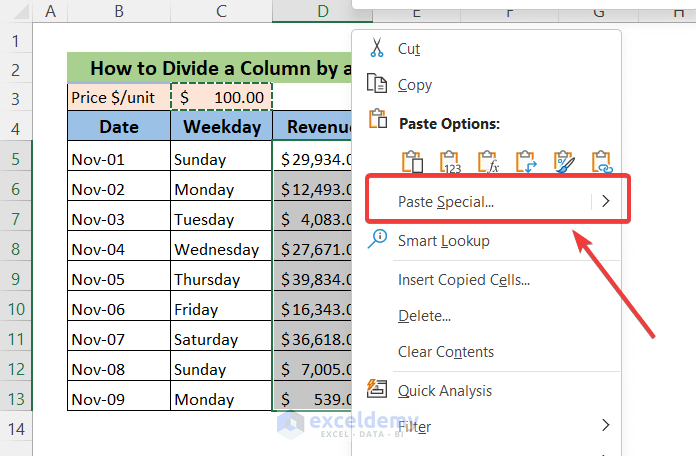 Divide a Column by a Number with Paste Special Method