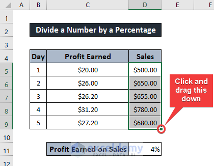 how to divide a number by a percentage in excel