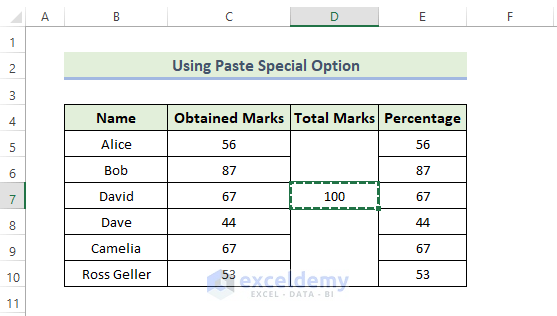 Divide in Excel Utilizing Paste Special Option to Get a Percentage