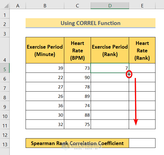 Fill Handle: Find Spearman Rank Correlation Coefficient in Excel