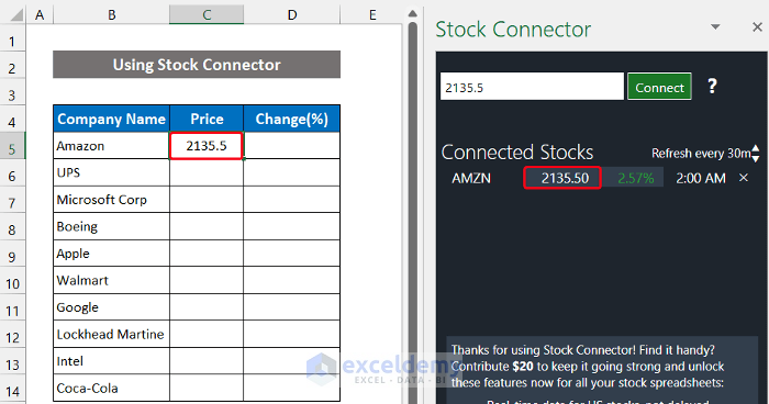 Inserting Stock Connector Add-ins to Get Live Stock Prices