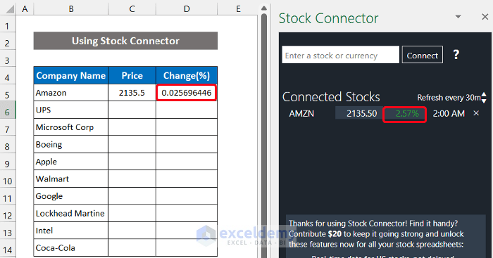 Inserting Stock Connector Add-ins to Get Live Stock Prices