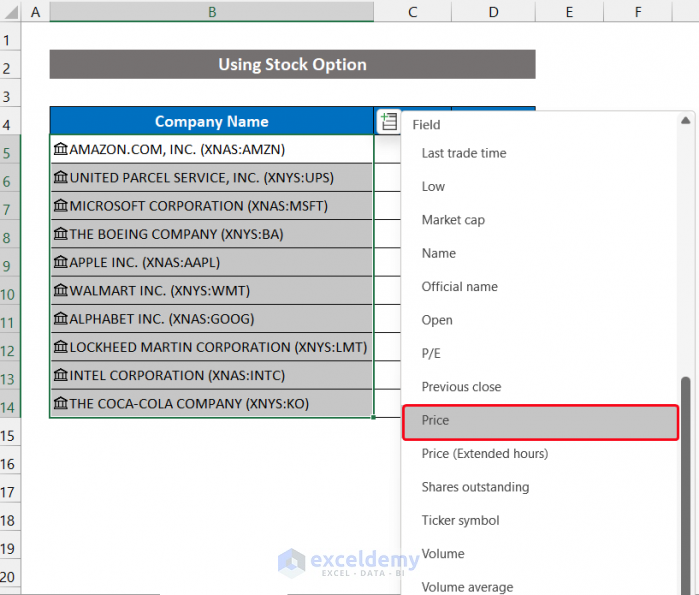 Using Built-in Stocks Command to Get Live Stock Prices