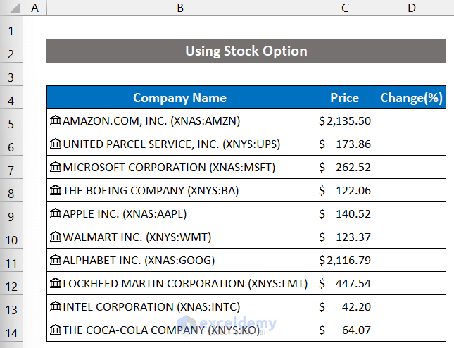 Using Built-in Stocks Command to Get Live Stock Prices