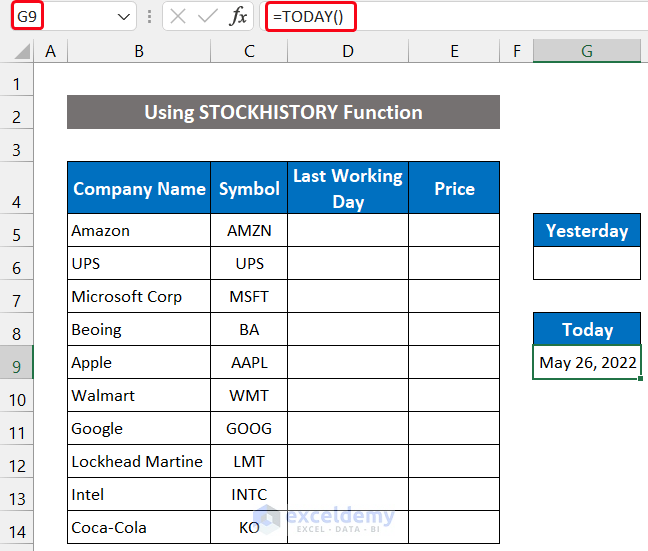 Applying STOCKHISTORY Function to Get Live Stock Prices