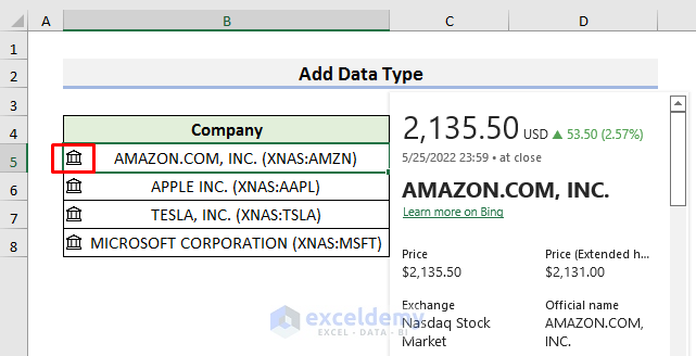 Add Data Type to Get Stock Quotes in Excel
