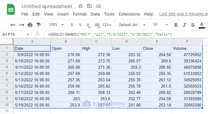 how to import stock prices into excel from google finance Google Sheets
