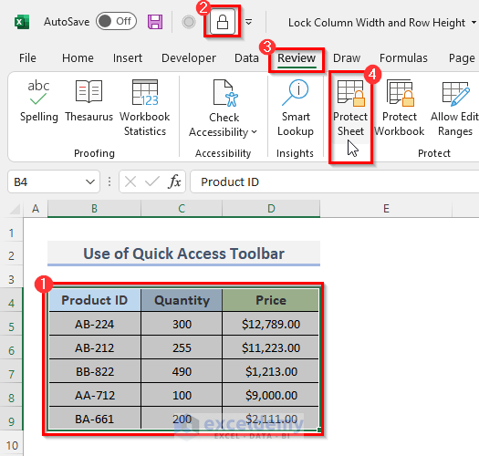 Insert Quick Access Toolbar to Lock Column Width and Row Height of Cells