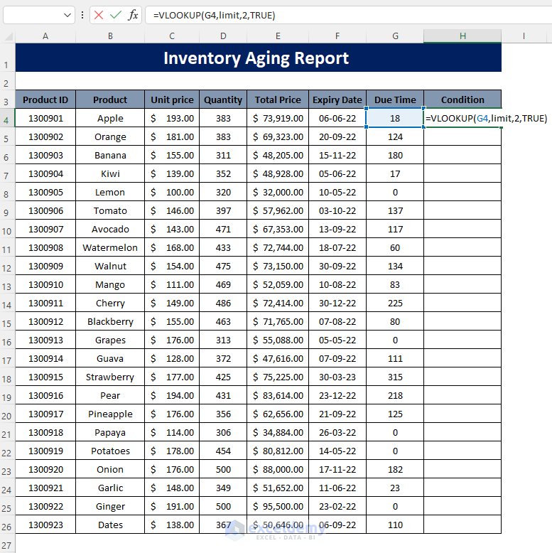 how to make inventory aging report in Excel