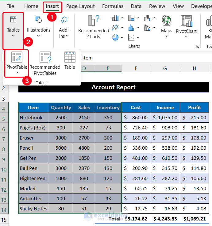 Creating Pivot Table to Make MIS Report in Excel for Accounts