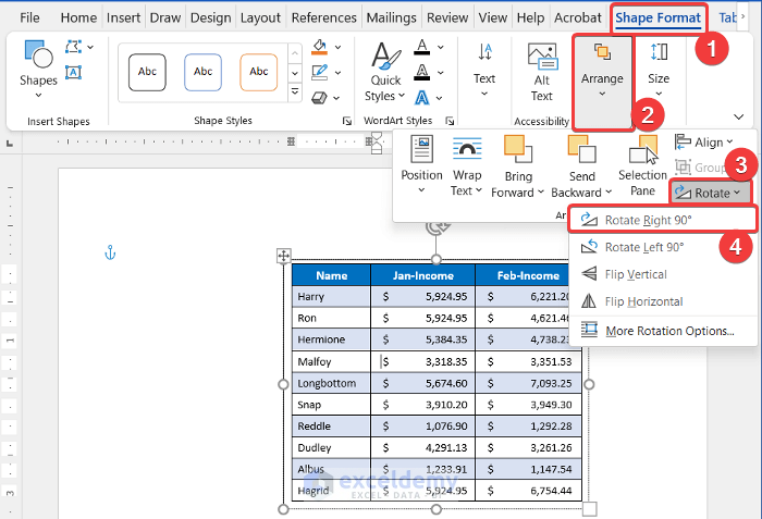 Insert Excel Table into Word Landscape Through Text Box