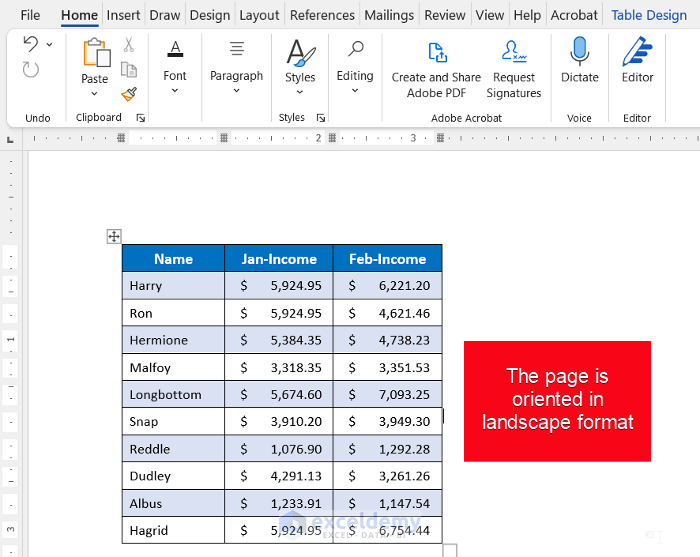 Changing Page Orientation to Paste Excel Table into Word Landscape