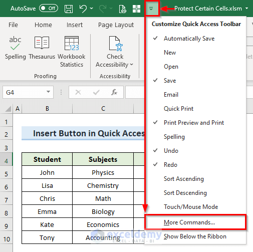 Insert a Button in Quick Access Toolbar to Protect Certain Cells