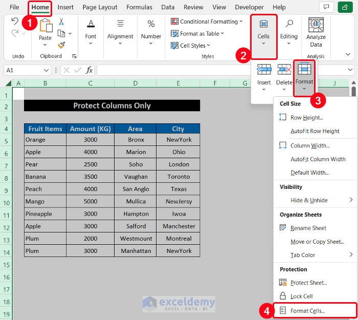 Using Built-in Format Option to Protect Columns in Excel Without Protecting Sheet