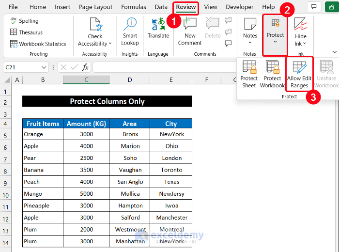 Use of Allow Edit Range Option to Protect Columns in Excel Without Protecting Sheet