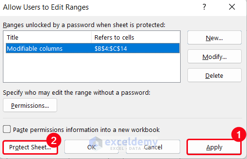 Use of Allow Edit Range Option to Protect Columns in Excel Without Protecting Sheet