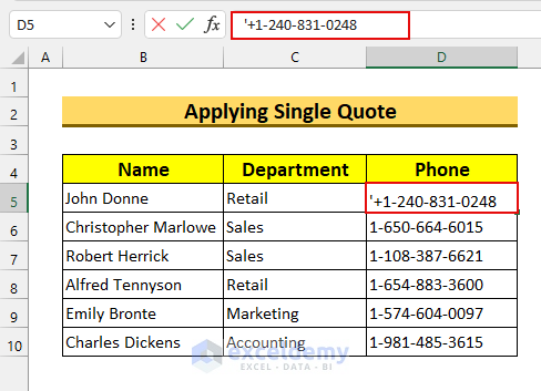 Single Quote Method of how to put a plus sign in excel without formula