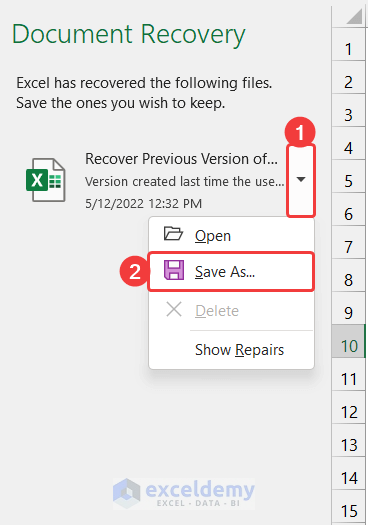 Recover Unsaved File of Excel from Document Recovery