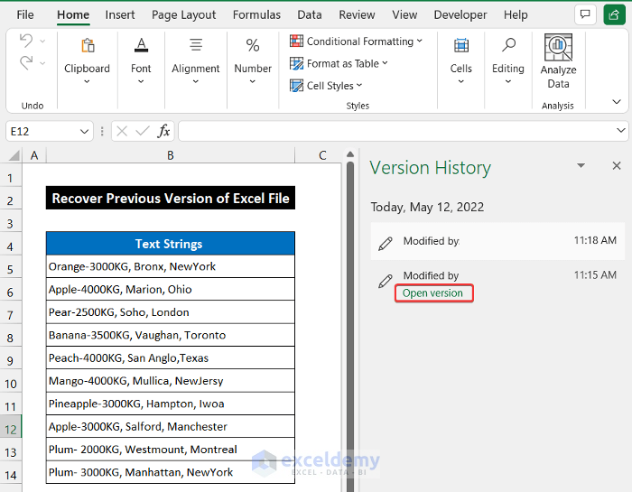Recovering Previous Version of Excel File from Version History