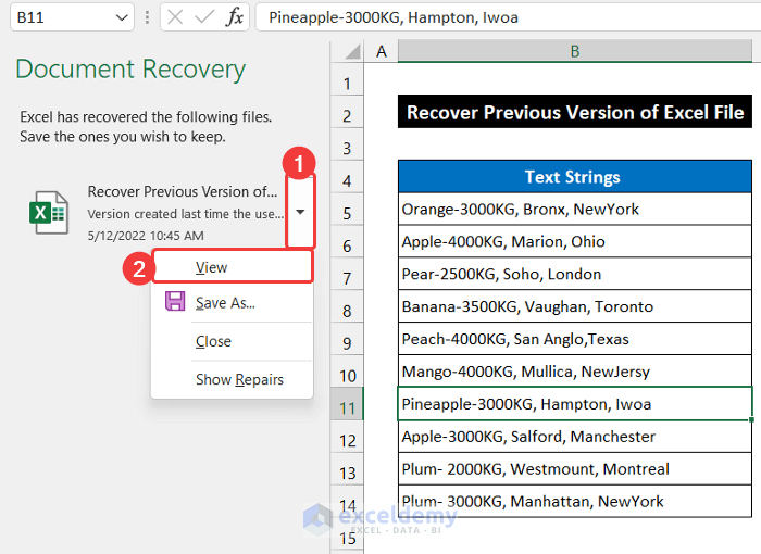 Recover Unsaved File of Excel from Document Recovery