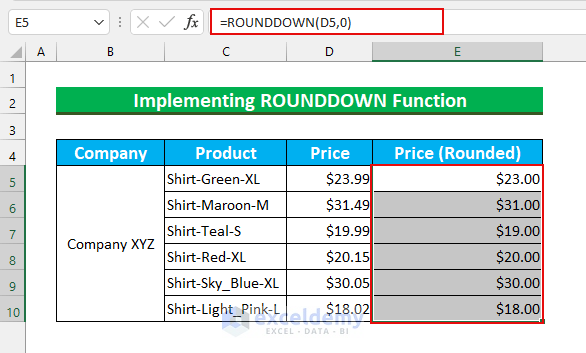 Remove Decimals Using ROUNDDOWN Function with Rounding in Excel