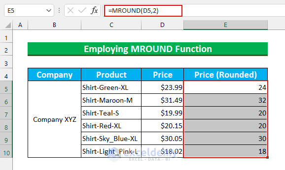 Employing MROUND Function to Remove Decimals in Excel with Rounding