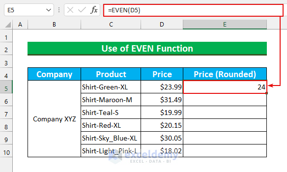 Use of EVEN Function to Remove Decimals in Excel with Rounding