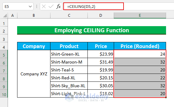 CEILING Functions to Remove Decimals in Excel with Rounding
