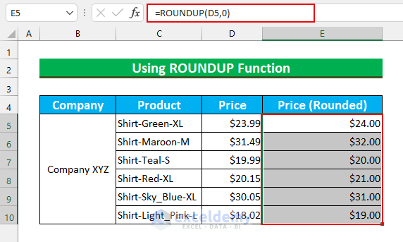 Utilizing ROUNDUP Function to Remove Decimals in Excel with Rounding
