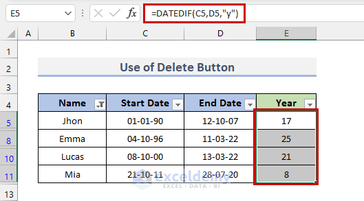 Use Delete Button to Remove Filtered Formula with Values in Excel