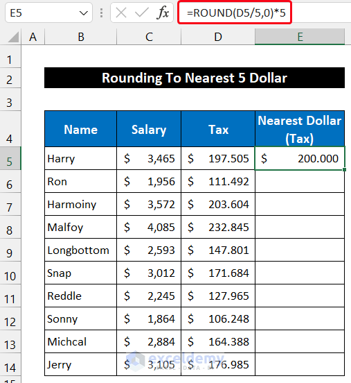 Round up to Nearest 5 Dollar in Excel