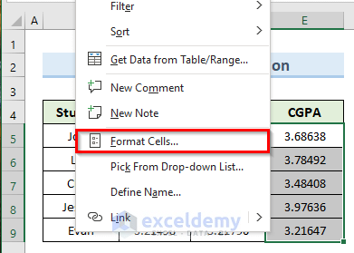 Apply Excel Format Cells Option to Set Decimal Places