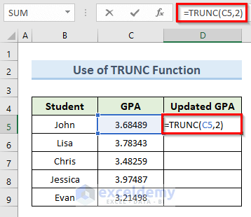 Decimal Places Setting with TRUNC Function in Excel