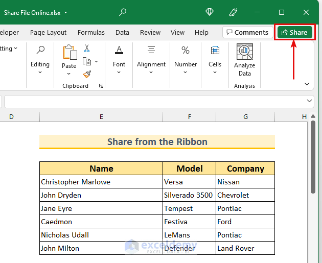 Using Ribbon to Share Excel File Online