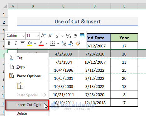 Cut and Insert Excel Rows to Move