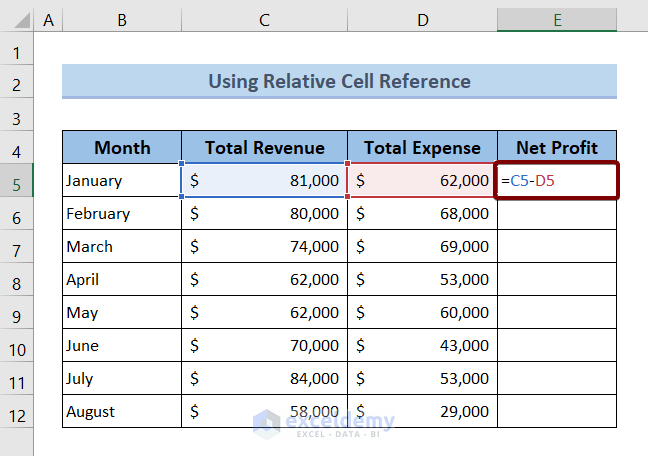 Subtract from a Total in Excel Using Relative Cell Reference