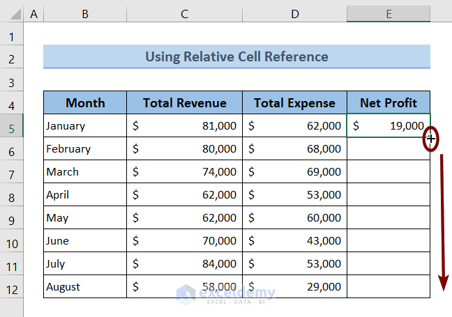 Use Fill handle to Subtract from a Total in Excel Using Relative Cell Reference