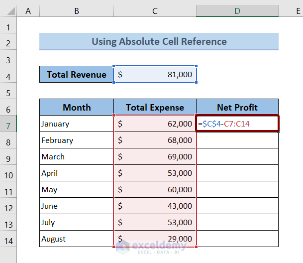 Using Absolute Cell Reference to Subtract from a Total