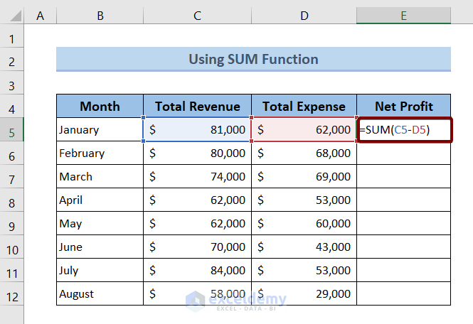 Subtract from a Total in Excel Using SUM Function