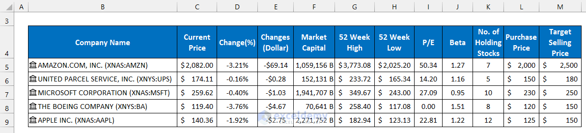 Insert Your Stocks Information to Track Stocks in Excel