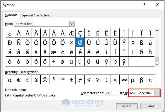 Use Insert Tab to Type Diameter Symbol in Excel