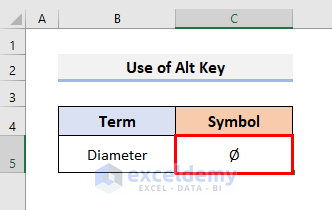 Type Diameter Symbol in Excel Using Alt Key