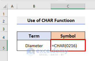 Insert Excel CHAR Function to Type Diameter Symbol