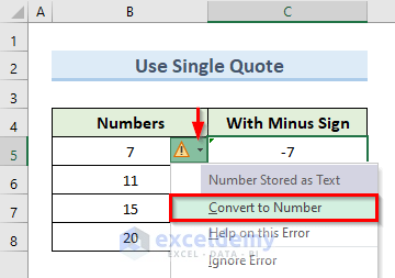 Insert Minus Sign in Excel Using Single Quote