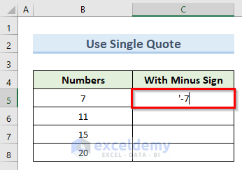 Insert Minus Sign in Excel Using Single Quote
