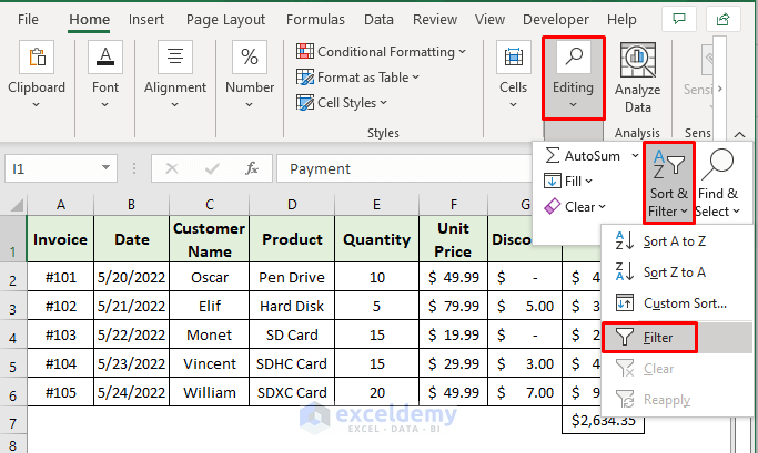 Sort and Filter Customer Payments Tracker in Excel